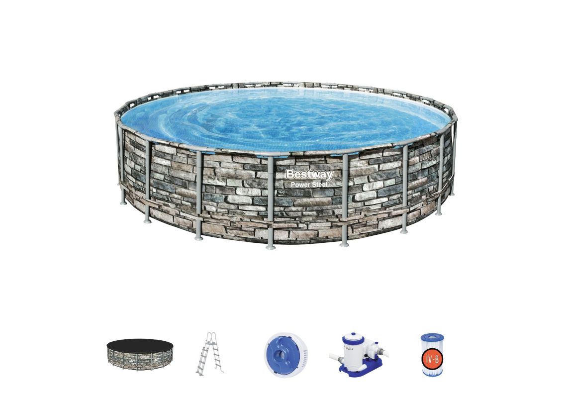 Montažni bazen Power Steel™ | 610 x 132 cm s uzorkom kamena sa pumpom s kartonskim filterom