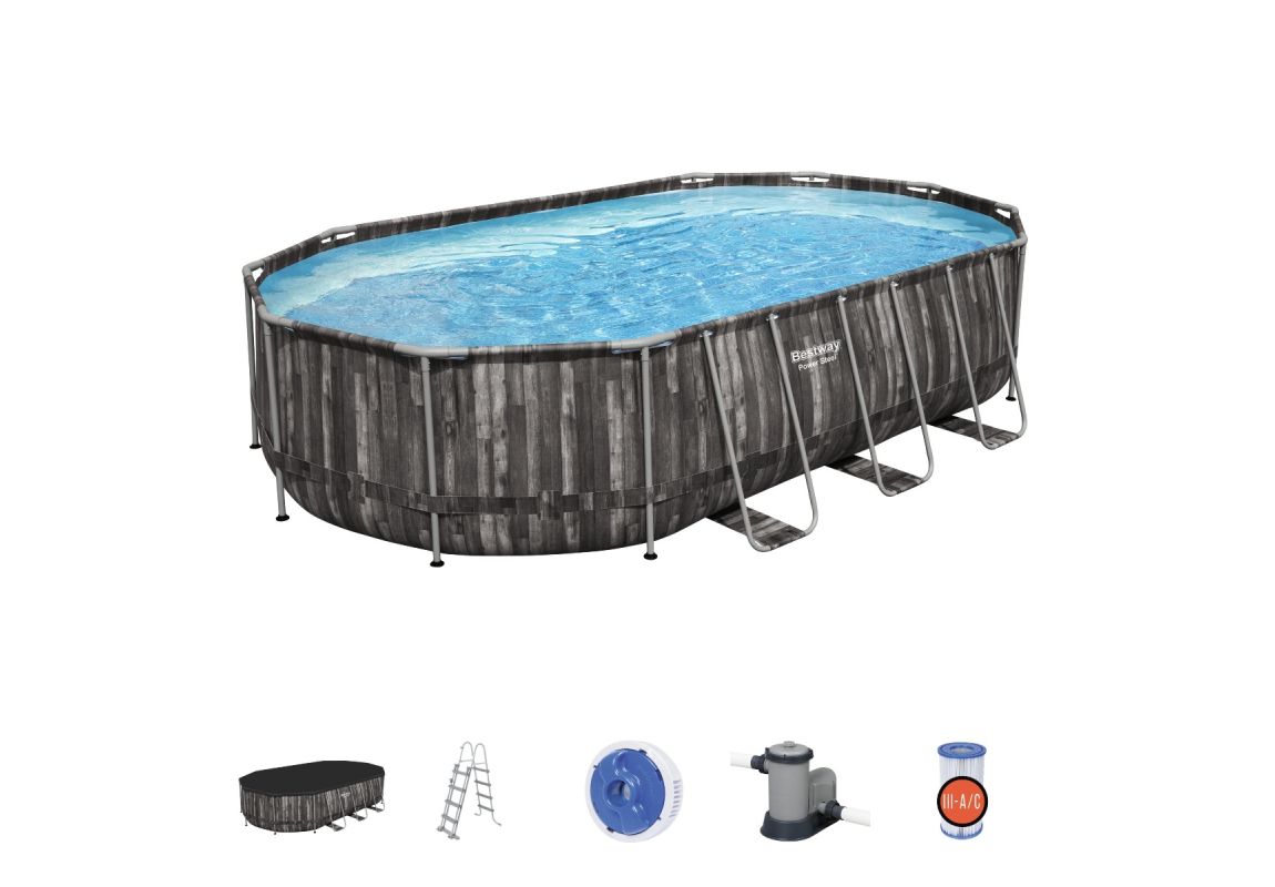 Montažni bazen Power Steel™ Oval | 610 x 366 x 122 cm s uzorkom drveta sa pumpom s kartonskim filterom