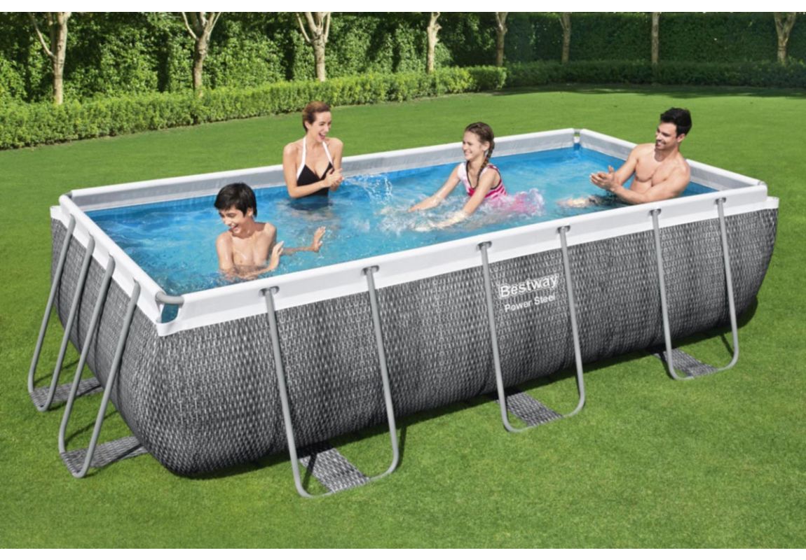 Montažni bazen Power Steel Rectangular™ | 404 x 201 x 100 cm s uzorkom sivog ratana sa pumpom s kartonskim filterom