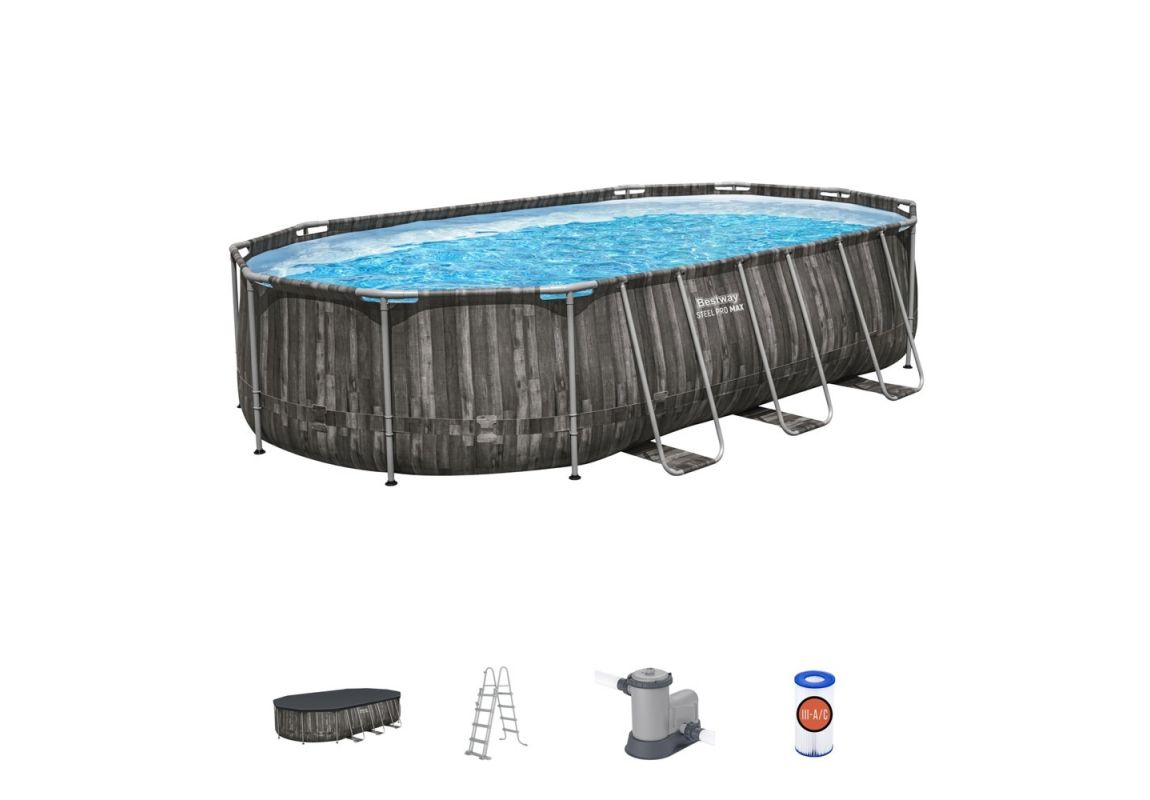 Montažni bazen Steel Pro MAX | 610 x 366 x 122 cm s uzorkom drveta sa pumpom s kartonskim filterom