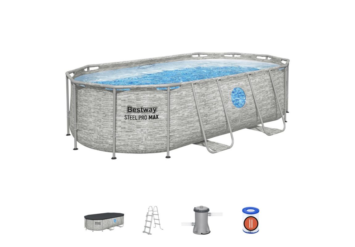 Bazen Steel Pro MAX™ Splashview™ | 427 x 250 x 100 cm sa uzorkom kamena sa pumpom s kartonskim filterom