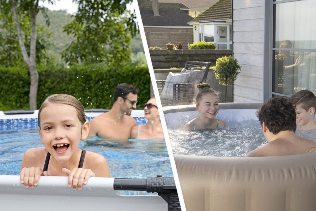 Pola slike prikazuje obitelj koja se kupa u montažnom bazenu u svom vrtu, a polovica slike prikazuje obitelj koja se opušta u whirlpoolu na terasi.
